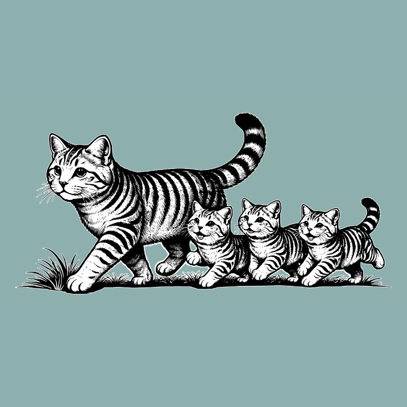 Mère chatte avec 3 chatons, noir et blanc