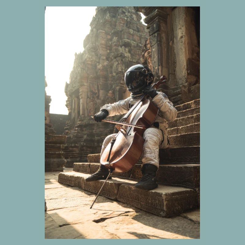 Astronaut Playing Cello on Ancient Steps