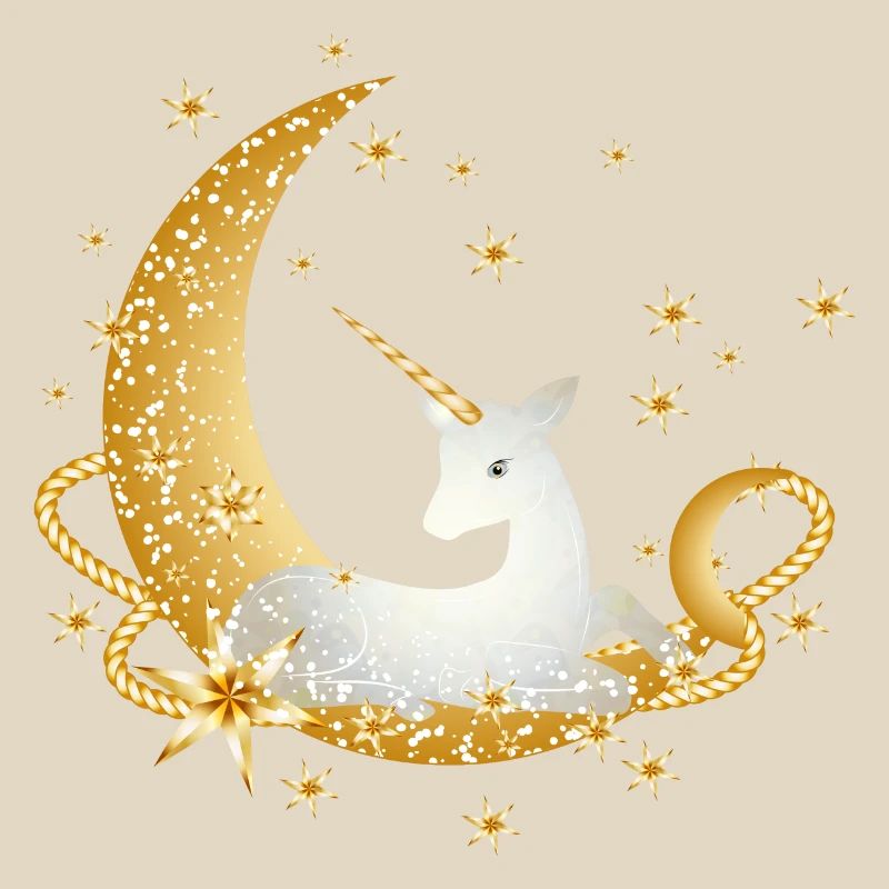 Mezzaluna con unicorno fantasioso e stelle