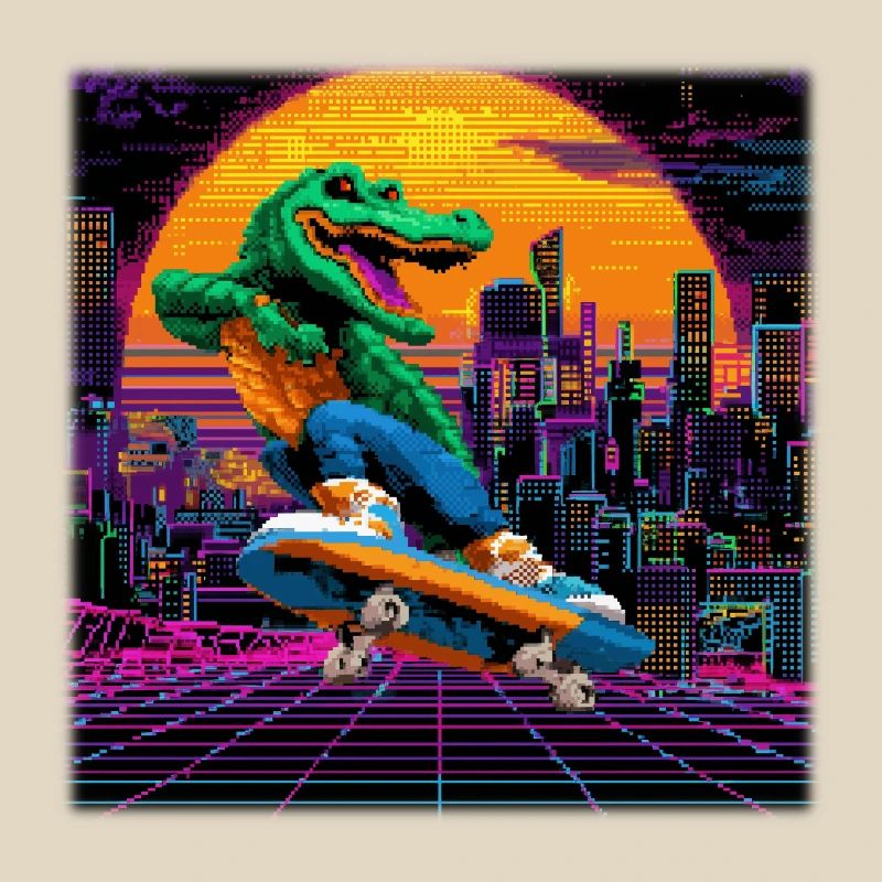 Skating Pixel Crocodile in Retro 80s Synthwave