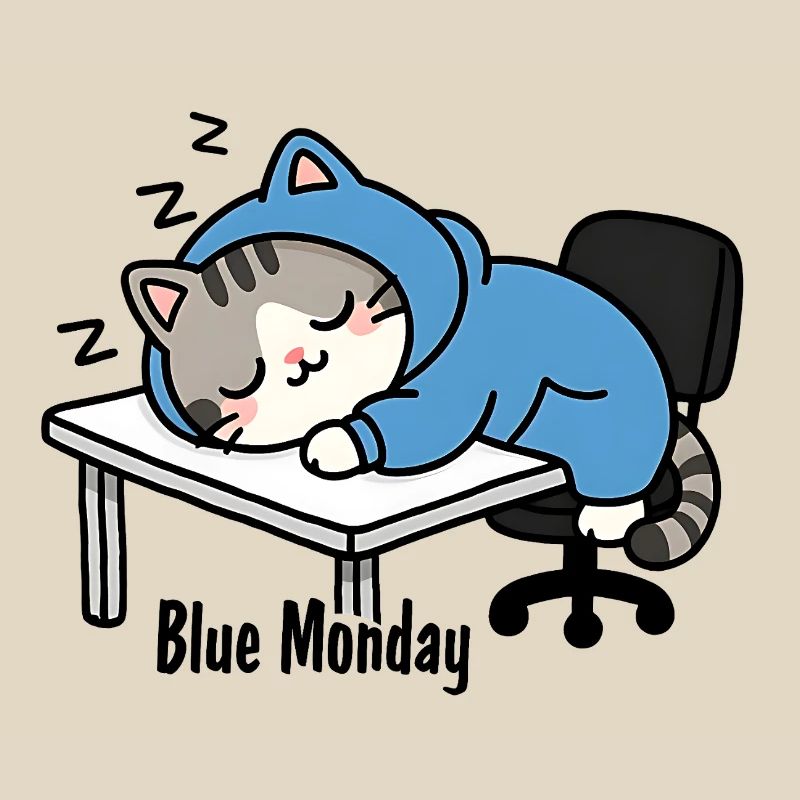 Sleeping cat at work, blue monday