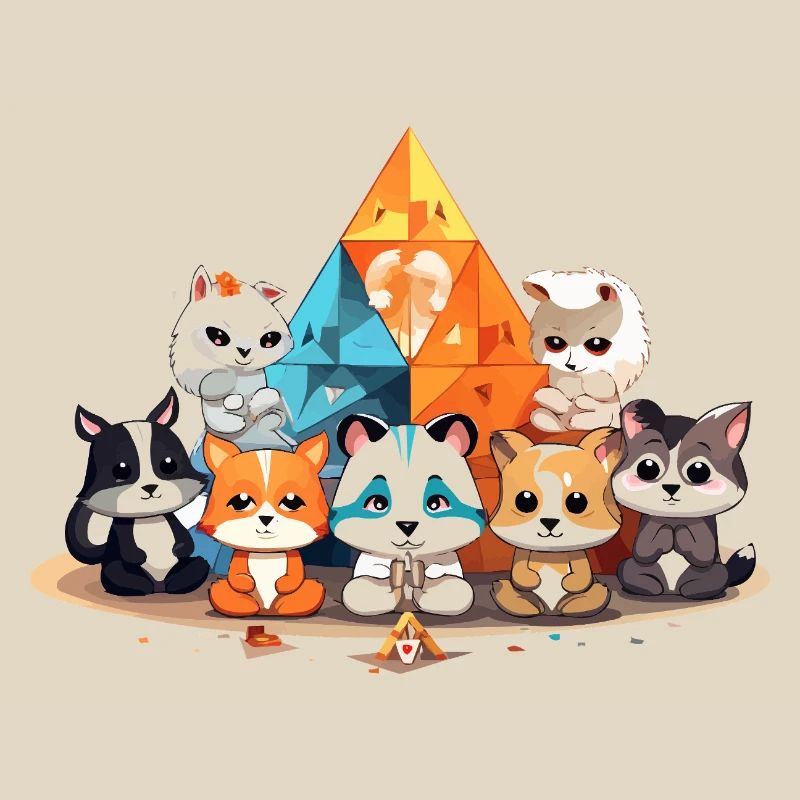 Des chats devant des pyramides de cristal colorées