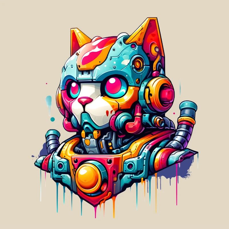 Chat conçu comme un robot dans le style graffiti de la bande dessinée