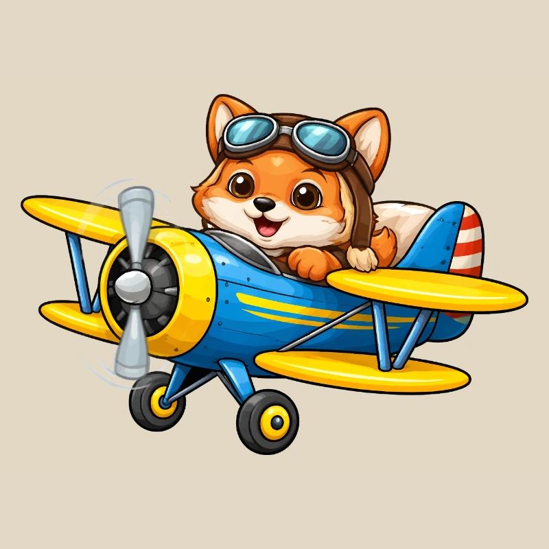 Fuchs Pilot Doppeldecker Flugzeug Cartoon  