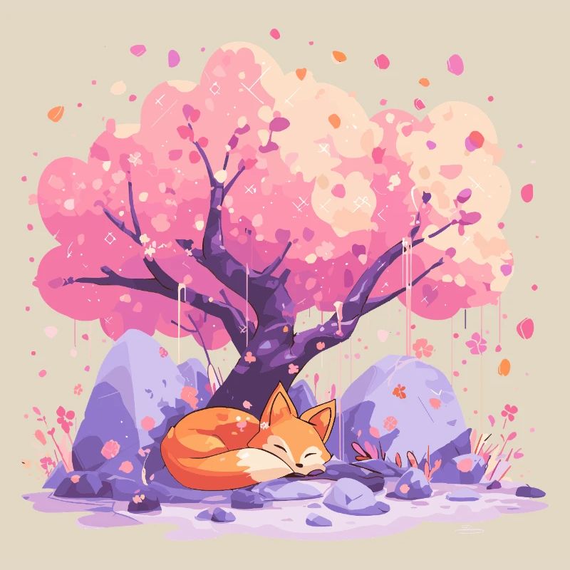 Sleeping fox under cherry tree
