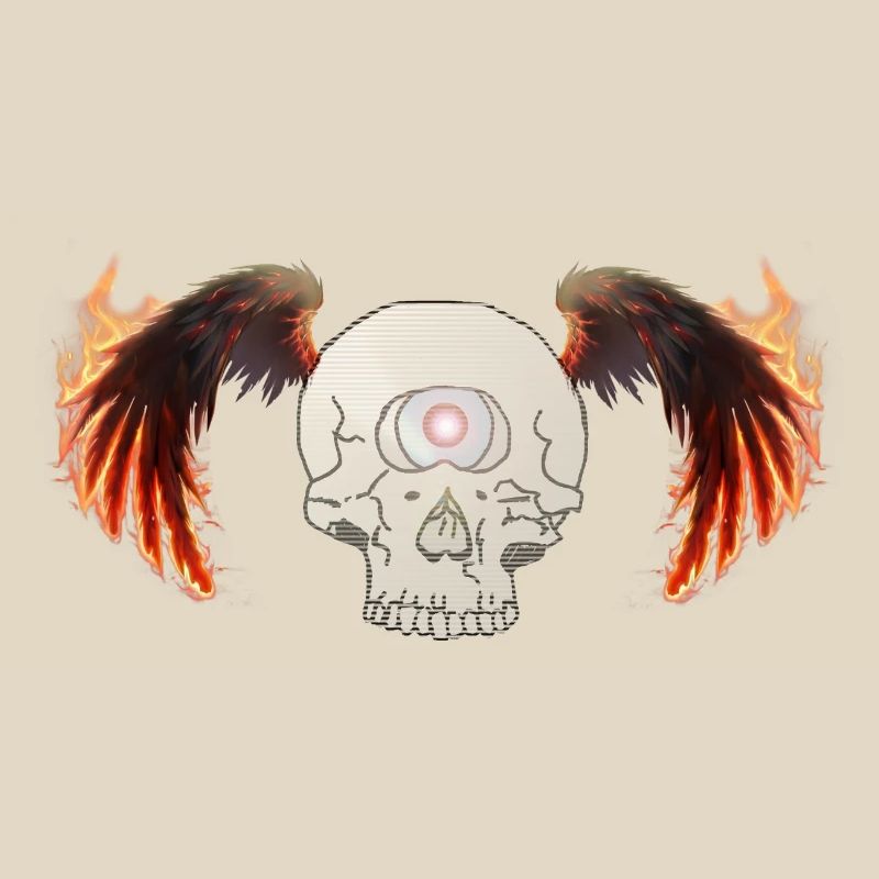 Winged skeleton in flames