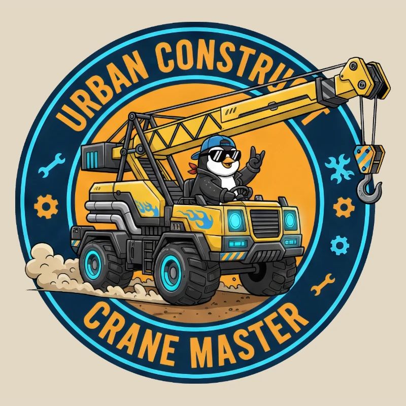 Cool Penguin Crane Operator Construction Worker Cartoon