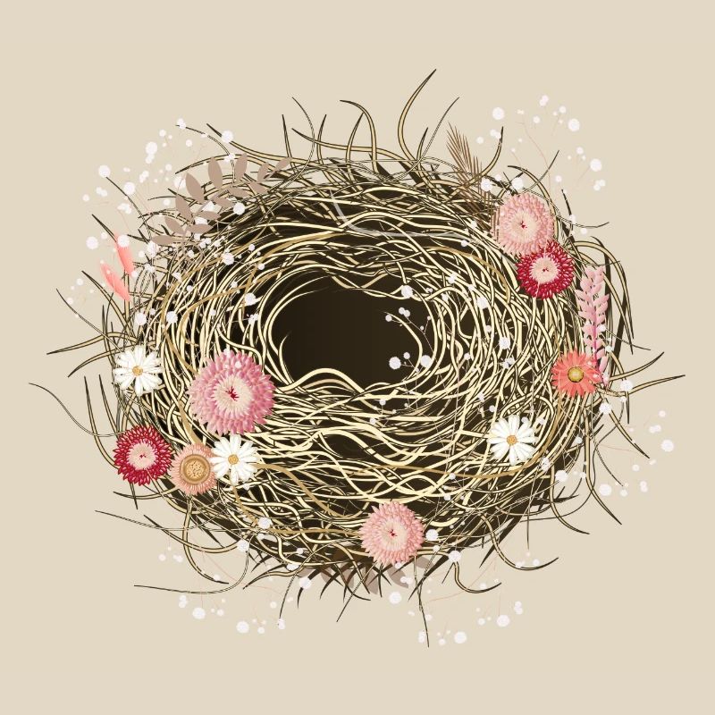 leeres Vogelnest oder Osternest mit Trockenblumen