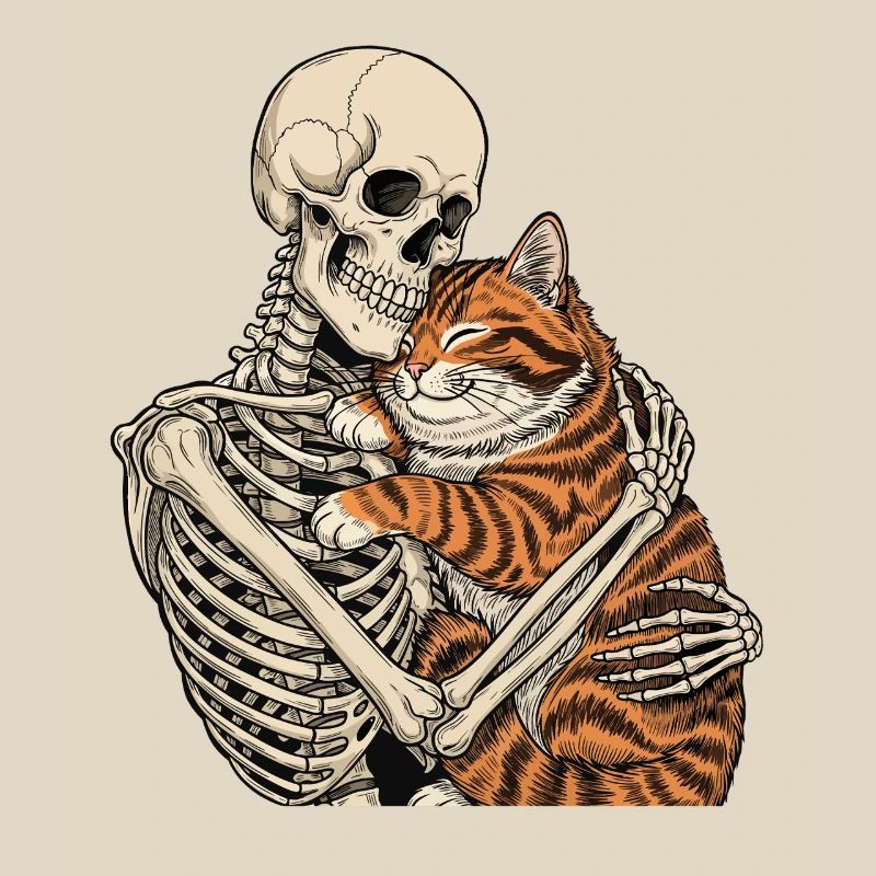 Skeleton Hugging Cat — Spooky Cat Skeleton Cuddle