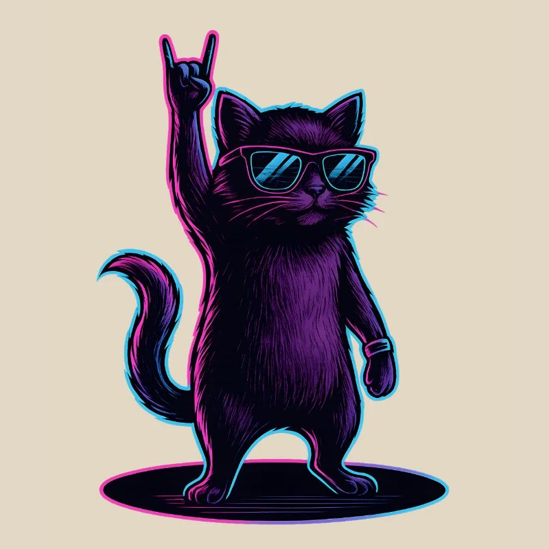 Chat Chat Synthwave avec la pose Rockhand