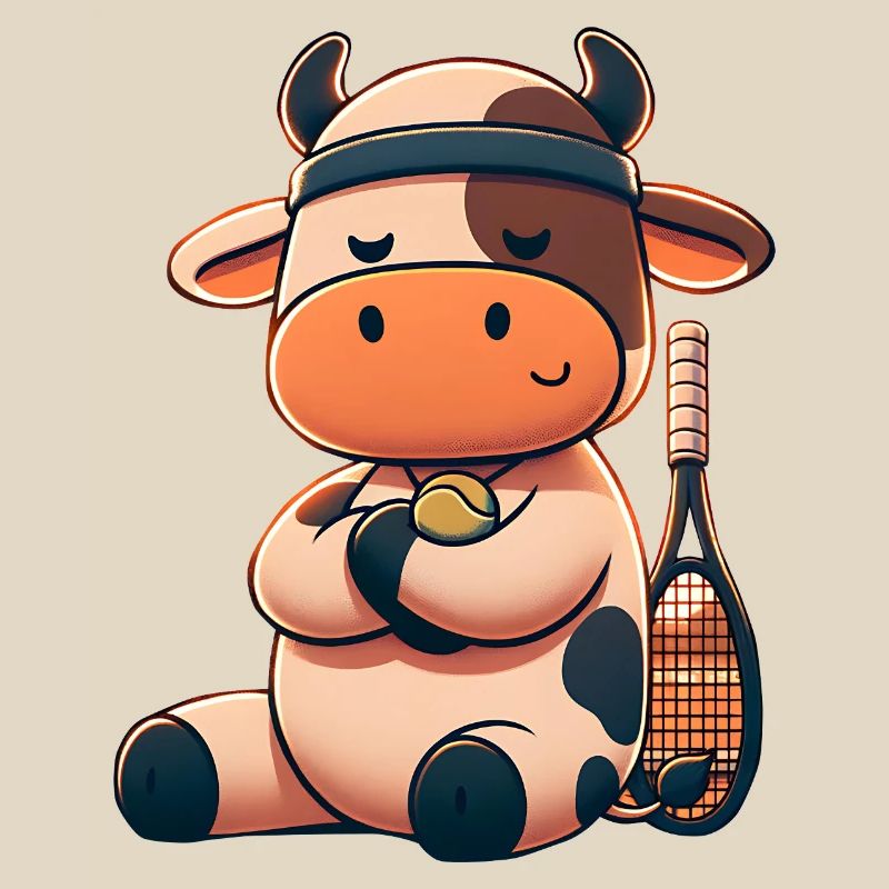 Cute tennis cow with racket and ball
