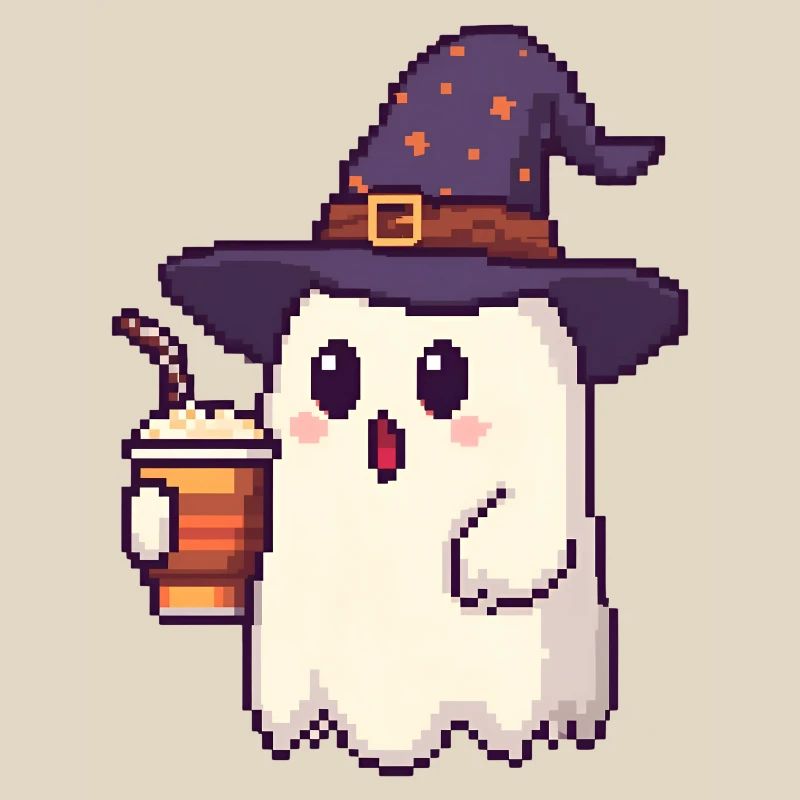 Pixel Ghost with Magic Hat & Pumpkin Spice Latte