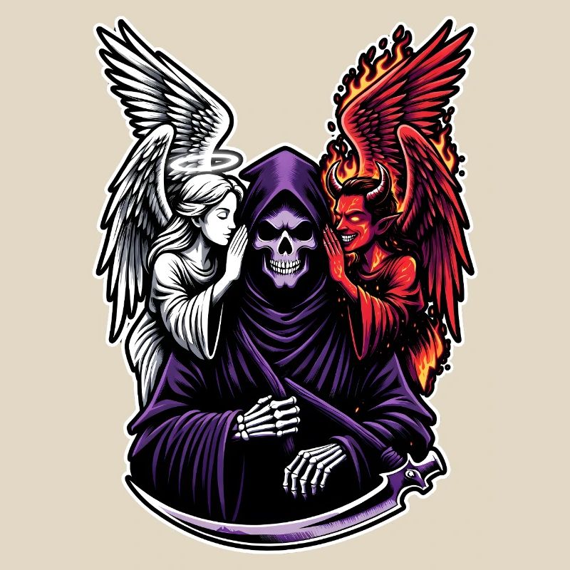 Sensenmann mit Engel und Dämon