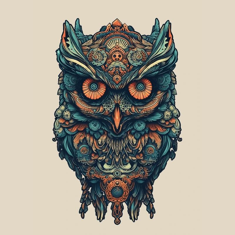 Mythical boho owl with surreal patterns