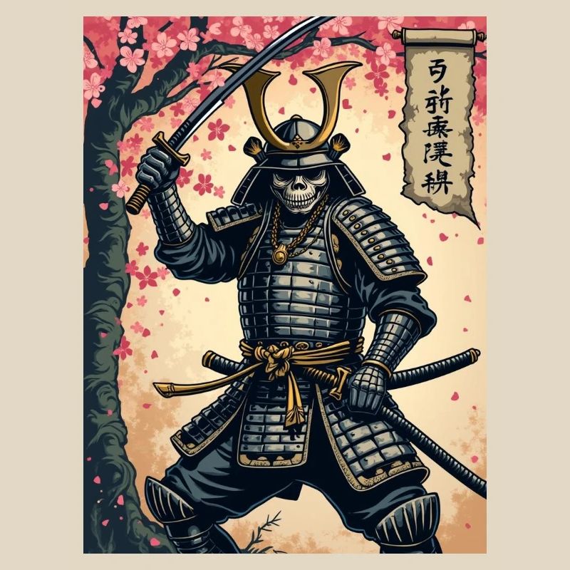 Skelett-Samurai im Kirschblütenwald