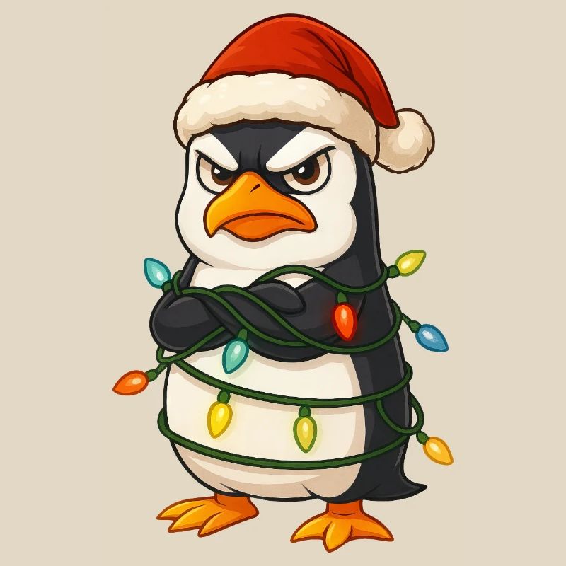 Grumpy Penguin Christmas Santa Hat Lights