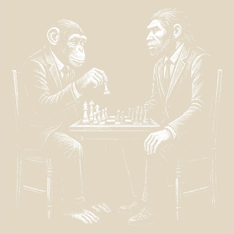 Affe spielt Schach mit Homo Erectus. Lustiges Design