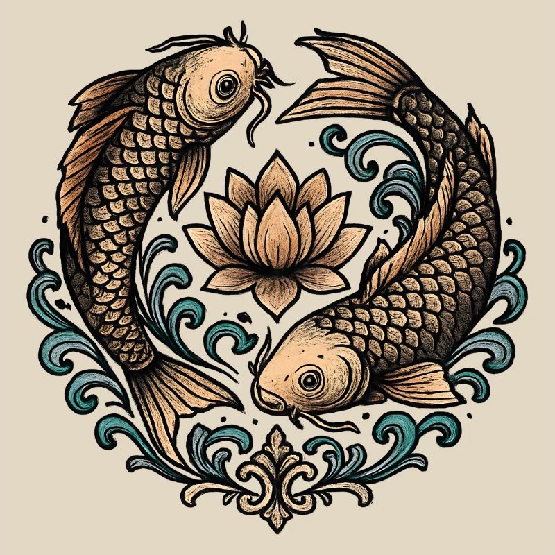 Koi and Lotus Circle Harmony Tattoo