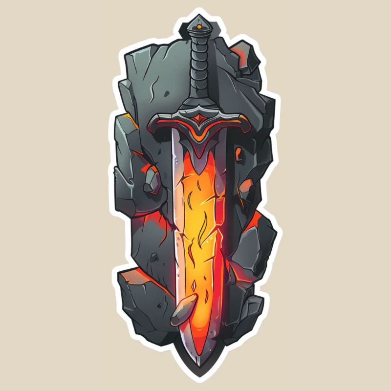 Épée de feu de dessin animé devant un rocher RPG GAme