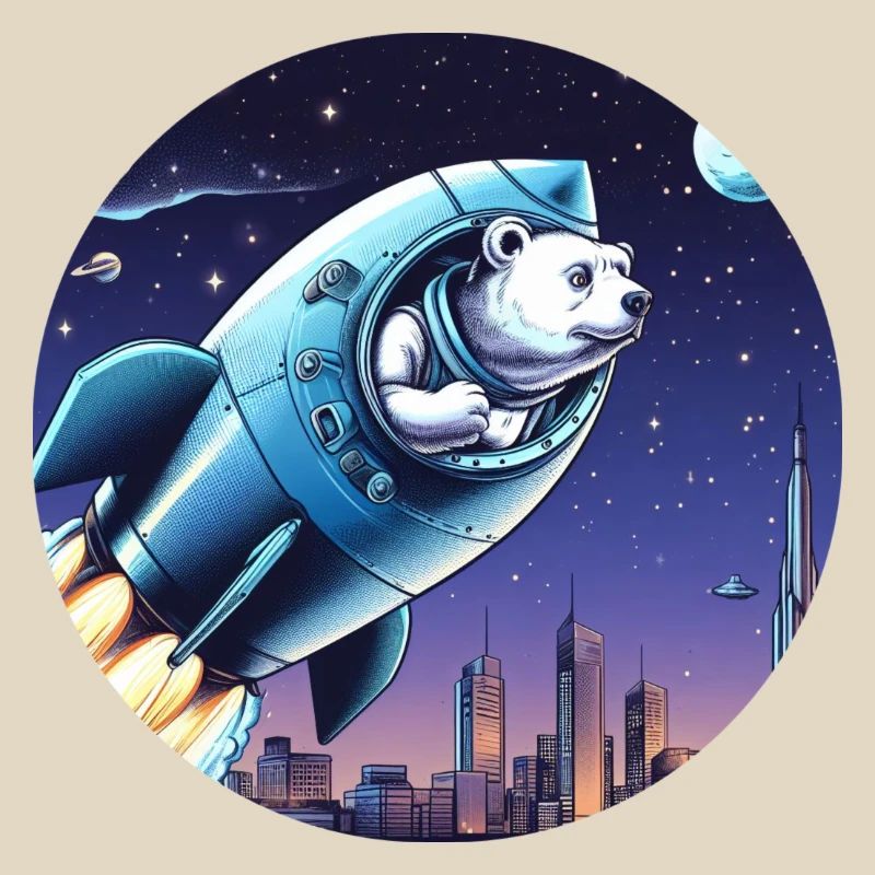 Rakete mit Bär hebt ab ins All vor Nachthimmel