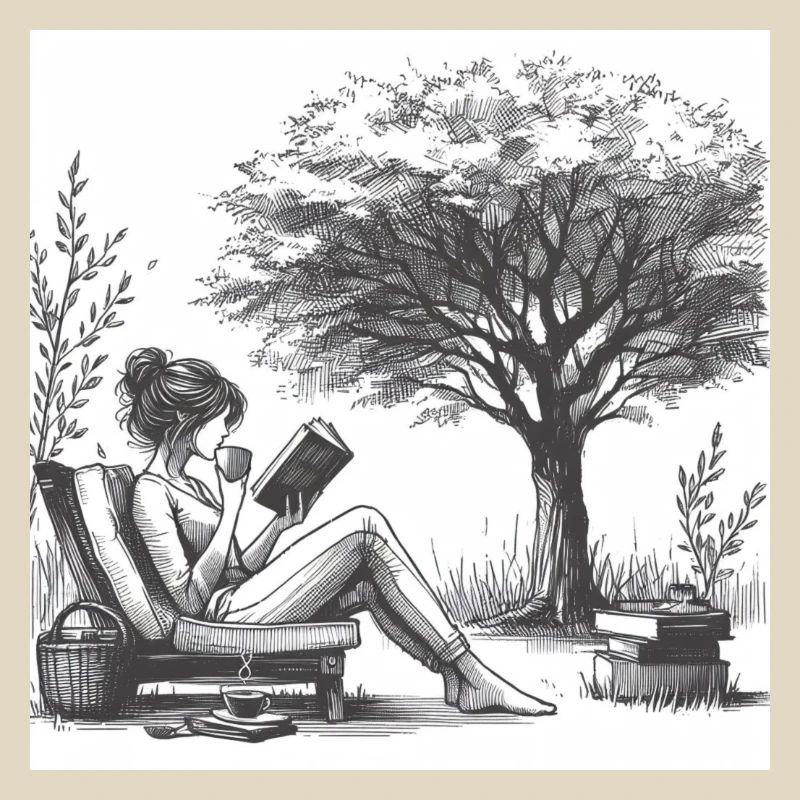 Frau trinkt Kaffee und liest ein Buch