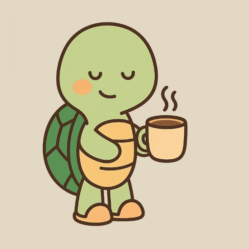 Schildkröte mit einer Tasse Kaffee (rechts)