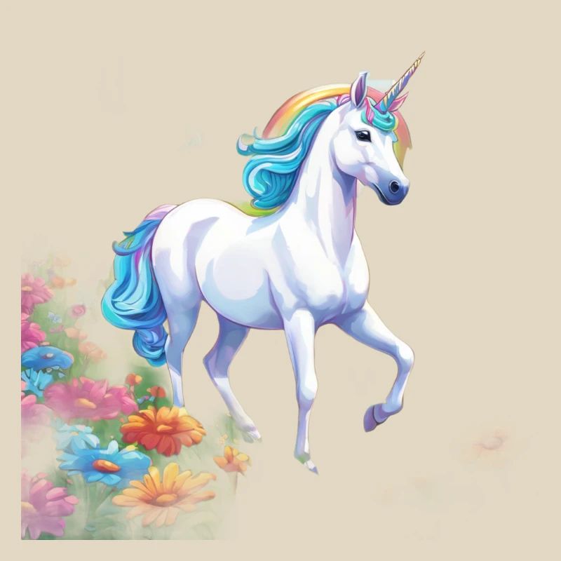 Anmutiges Einhorn mit Regenbogenmähne im Blütenmee