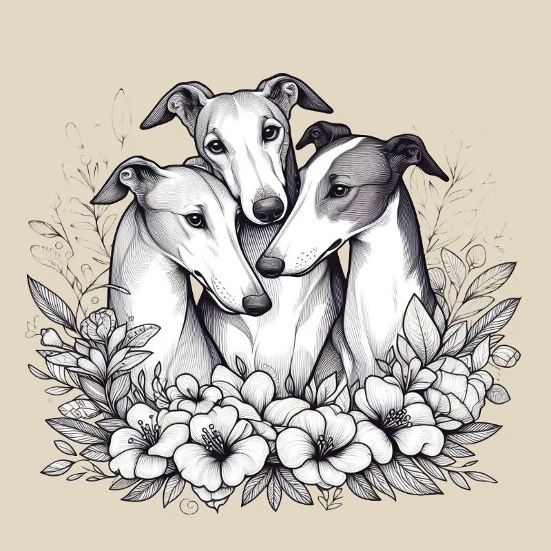 Trois lévriers dans un cercle de fleurs