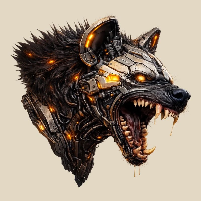Mechanical hyaena head with luminous accents