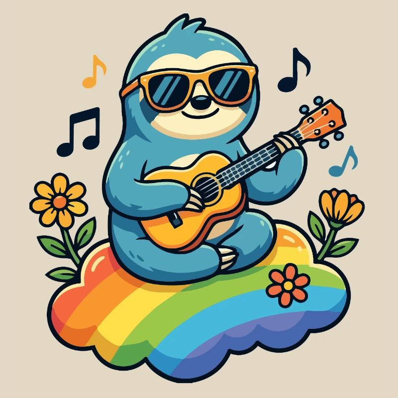 Sloth with guitar on rainbow cloud hippie