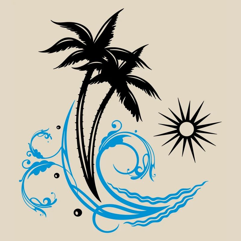 Palm trees with wave and sun, vacation, surf
