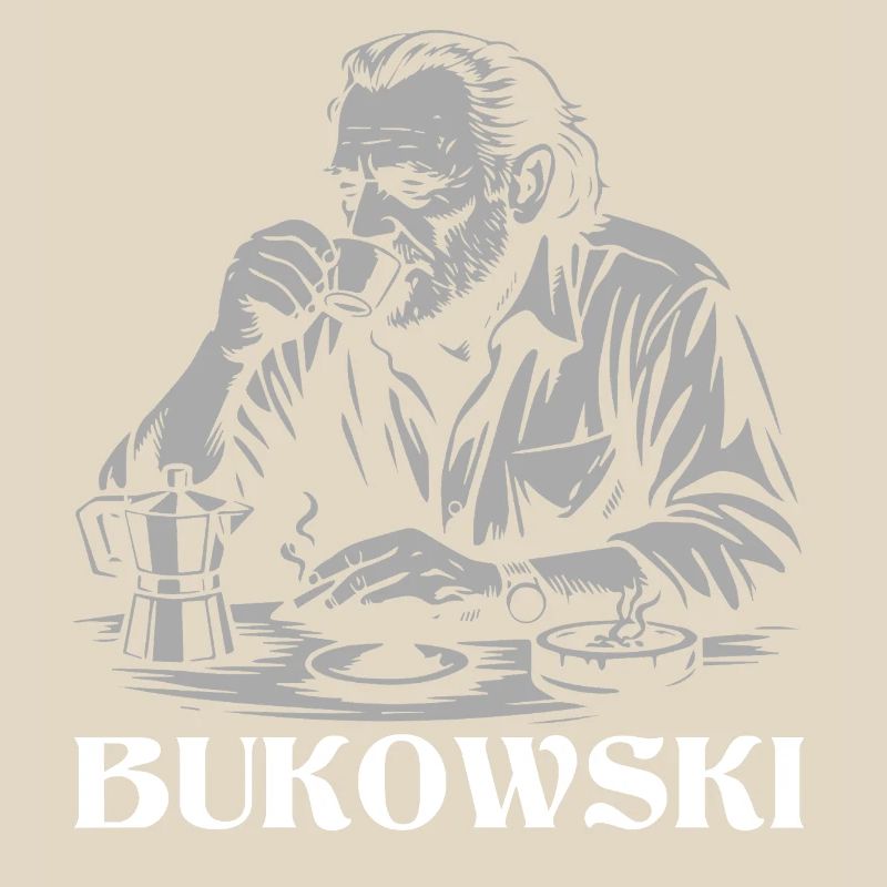 Charles Bukowski drinking coffee at the cafe