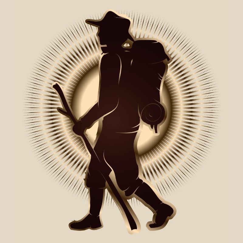 Pilger oder Wanderer mit Wanderstab & Rucksack