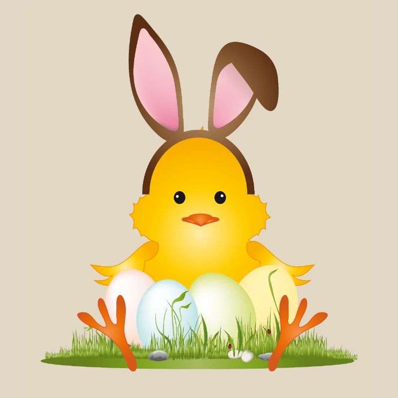 Cute Easter chick with bunny ears & Easter eggs