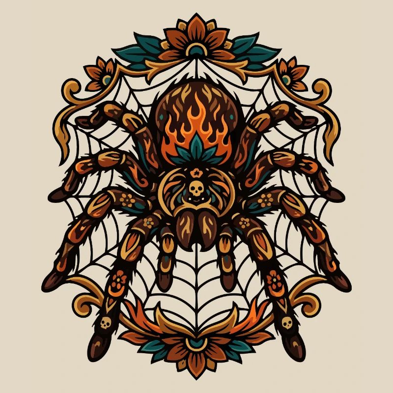 Tarantula Fire Flames Spider Web Pattern Motif