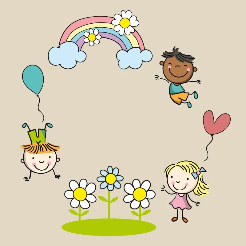 Kinder der Erde mit Regenbogen Blumen Luftballon