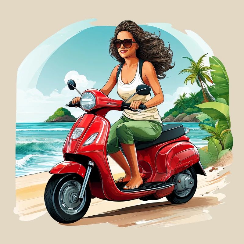 Frau mit rotem Roller am Strand