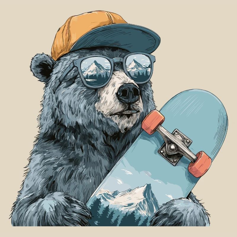 Bear Skater with Mountain Reflection