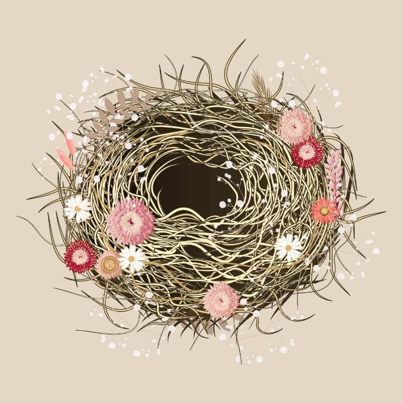 empty bird's nest or easter basket with dried flowers