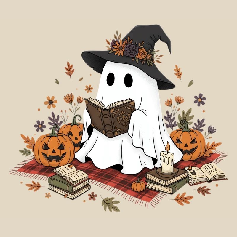 Witch Witch with Pumpkins and Magic Book