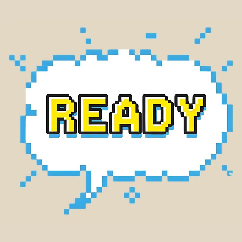 READY lettering in pixel comic look