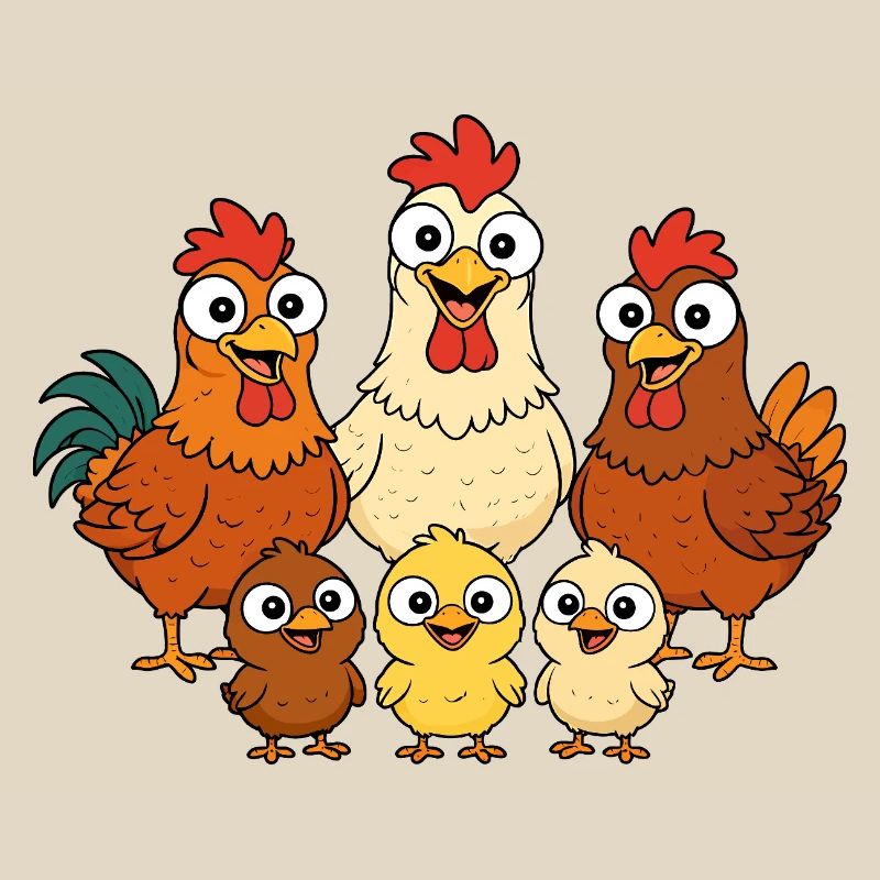 Chickens, roosters and chicks