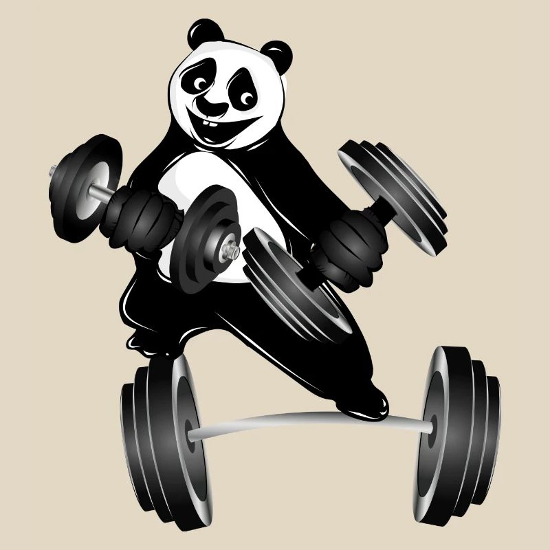 Bodybuilder panda bear with dumbbells while exercising