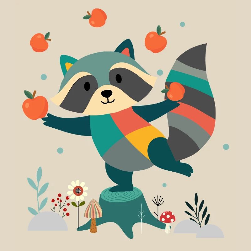 Playful raccoon happily juggling apples