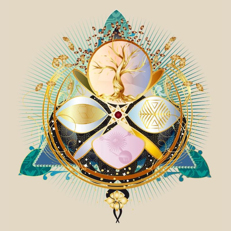 Amulette avec arbre doré et éléments de la nature