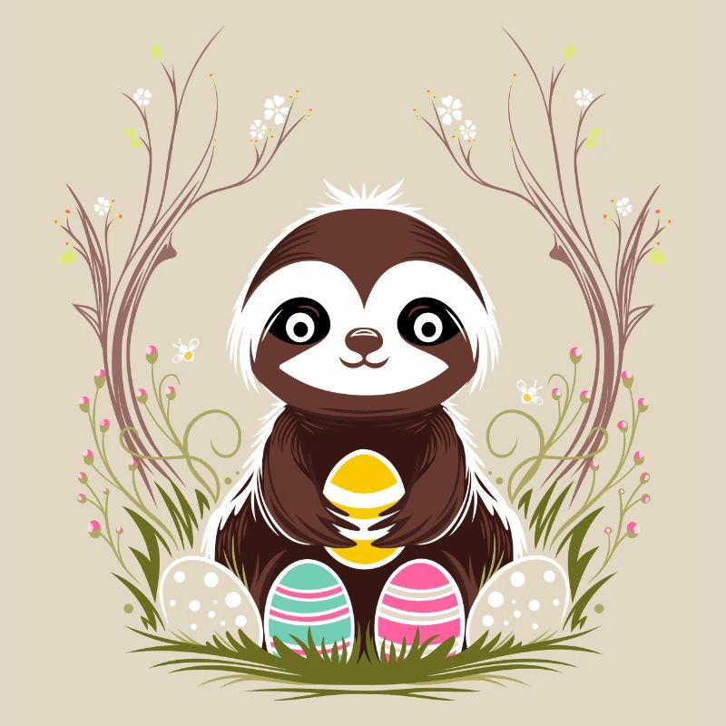 Easter Sloth with Easter Eggs in Spring