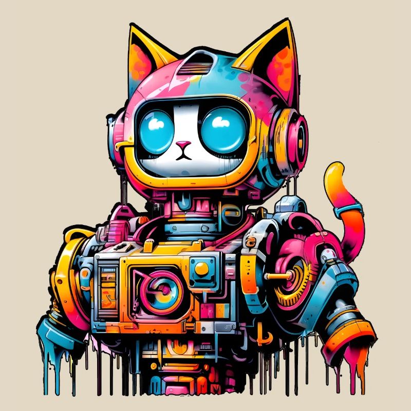 Cat designed as a robot in comic graffiti style