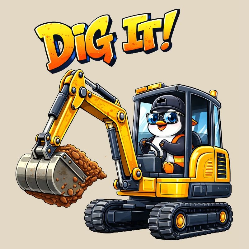 Cute Penguin Cartoon Excavator Driver Construction Equipment Operator