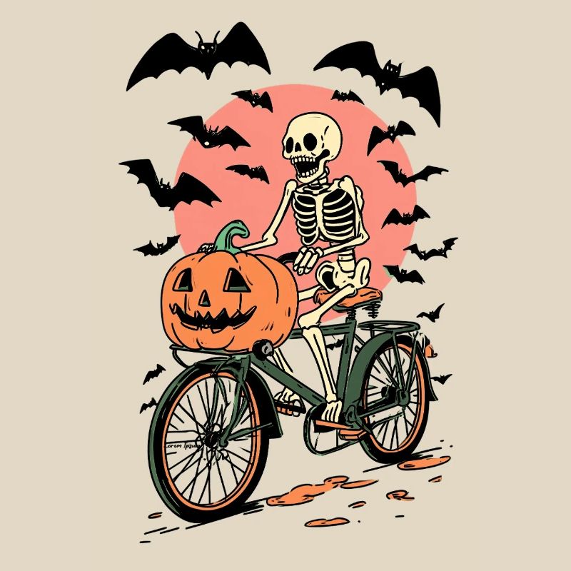 Skeleton on Bicycle with Pumpkin