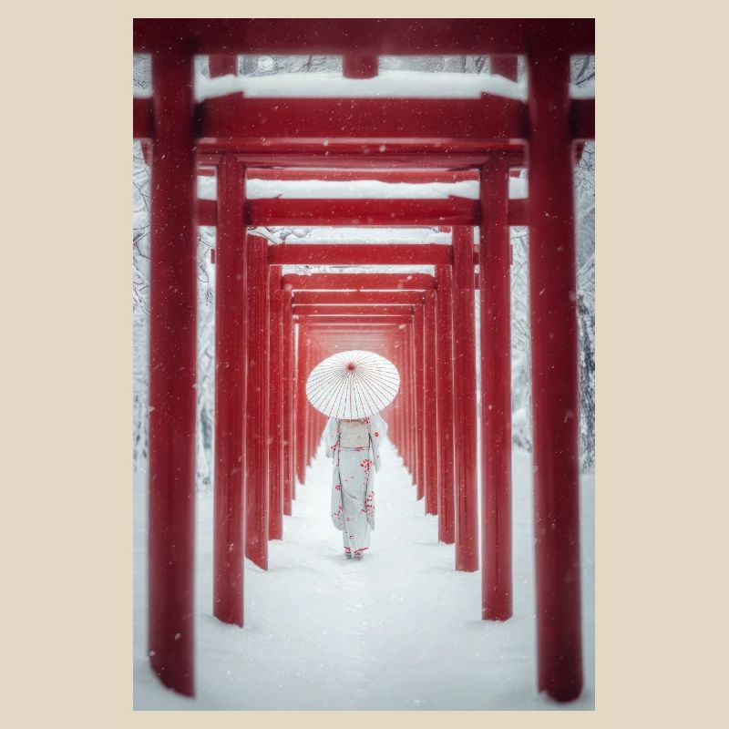 Red Torii Snowpath Kimono
